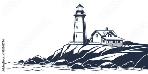 A black and white drawing of a lighthouse on a rocky coastline Vector