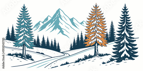 A snowy landscape with trees and mountains in the background Vector