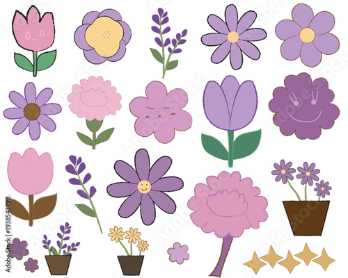 Collection of various purple and pink flowers in pots and vases with green leaves and yellow centers on white background