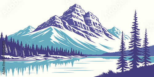 A serene lake scene with a mountain range in the background Vector