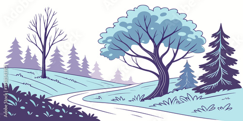 A serene winter landscape with trees and a winding path Vector