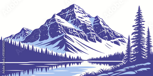 A serene mountain landscape with a lake and trees Vector