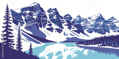 A serene snowy mountain landscape with a lake Vector