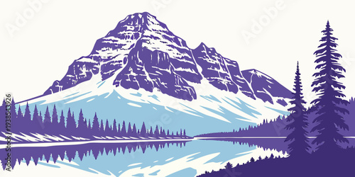 A serene mountain landscape with a lake and trees Vector