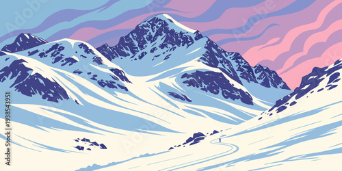 Snowy mountain range at sunset with pink and blue hues Vector