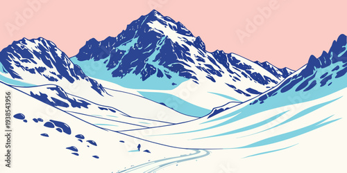 A serene snowy mountain range with a pink sky Vector
