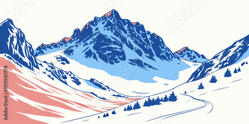 A blue and pink mountain range with snow on the peaks and sides Vector