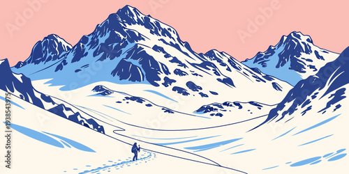 A pixelated image of a snowy mountain range at sunrise Vector