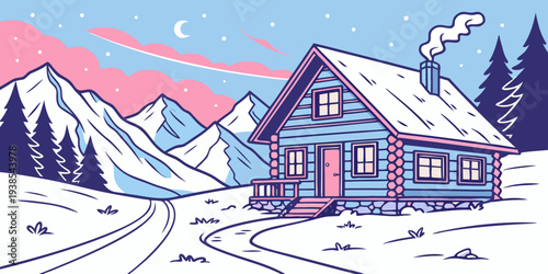 A blue house in a snowy landscape with mountains Vector