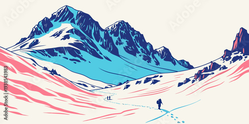 A skier in a mountain range with snow and pink and blue hues Vector