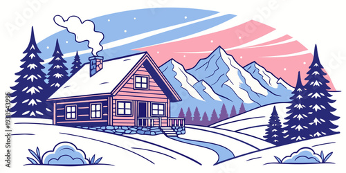 A house in the mountains with snow on the ground and trees around it Vector