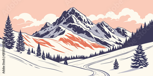 A mountain landscape with trees and snow Vector