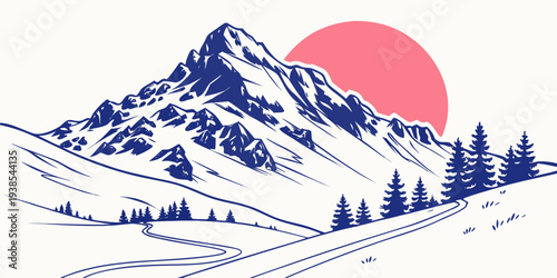 A snowy mountain landscape at sunset Vector