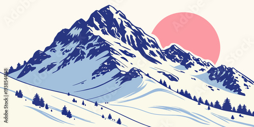 Snowy mountain landscape with pink sun Vector