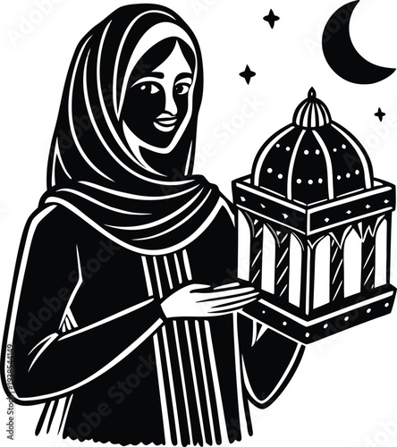 Vector illustration of woman in hijab holding lantern with crescent moon