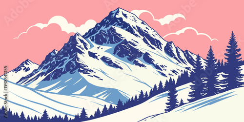 A serene snowy mountain landscape with trees and pink sky Vector