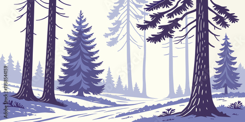 A snowy forest with tall trees and a bright sun Vector