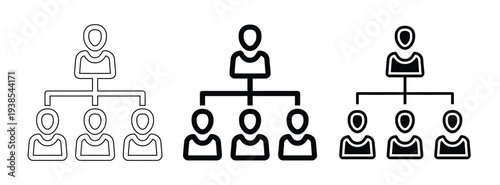 Icon set showing business organizational chart, hierarchy, and management structure.