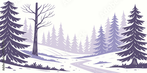 A serene winter landscape with snow covered trees and a winding path Vector
