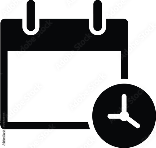 Simple black and white calendar icon with clock symbolizing schedule and appointment reminder for organization and planning purposes daily