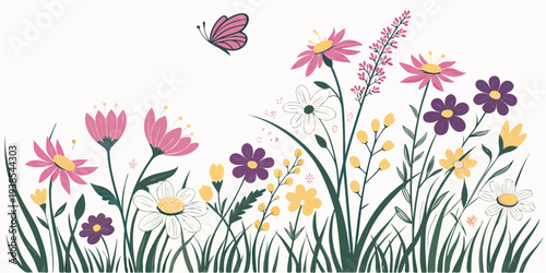 A colorful floral border with a butterfly Vector