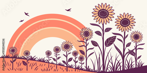A serene landscape with sunflowers and a rainbow Vector