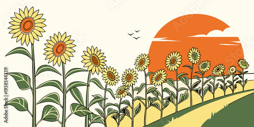 A field of sunflowers under a vibrant orange sunset Vector
