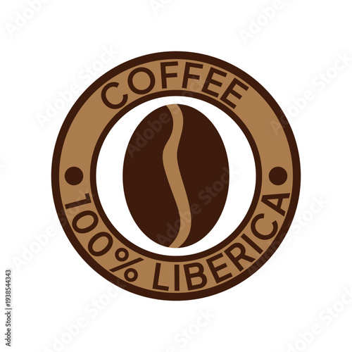 Coffee logo. Coffee, 100% Liberica emblem. Brown coffee beans with letters in a circle round badge.