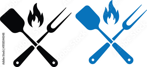 Vector illustration of crossed grill spatula and fork with flame icon in black and blue color variations on white background
