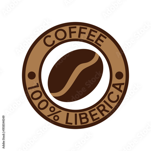 Coffee logo. Coffee, 100% Liberica emblem. Brown coffee beans with letters in a circle round badge.