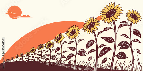 A field of sunflowers under a vibrant orange sun Vector