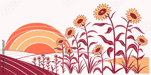 Sunflowers standing tall in a field at sunset Vector