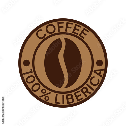 Coffee logo. Coffee, 100% Liberica emblem. Brown coffee beans with letters in a circle round badge.