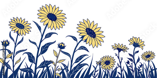 A blue and yellow illustration of sunflowers Vector