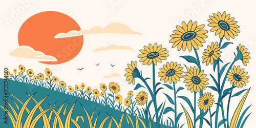 A field of sunflowers under a vibrant orange sun Vector