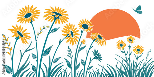 A sunny day with flowers and a butterfly Vector