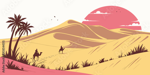 A serene desert landscape with palm trees and camels Vector