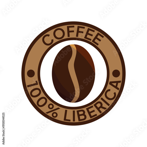 Coffee logo. Coffee, 100% Liberica emblem. Brown coffee beans with letters in a circle round badge.