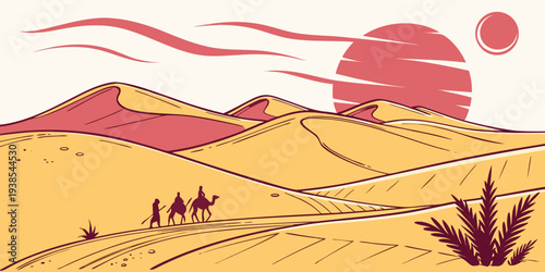 A serene desert landscape at sunset with sandy dunes and sparse vegetation Vector