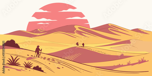 A pixel art desert landscape with a large sun Vector