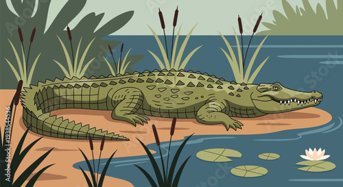 Crocodile resting on a sandy riverbank near water and reeds