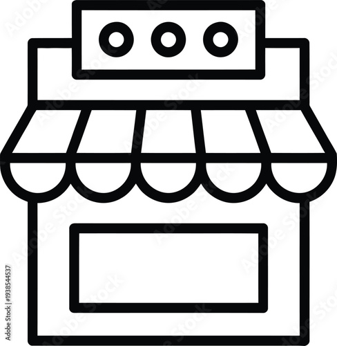 Simple black and white graphic illustration of a storefront with awning and signage, representing retail or business establishment