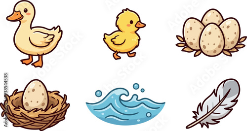 Cute cartoon vector duck and chick with eggs nest feather and water wave set close up flat vector pack isolated outline