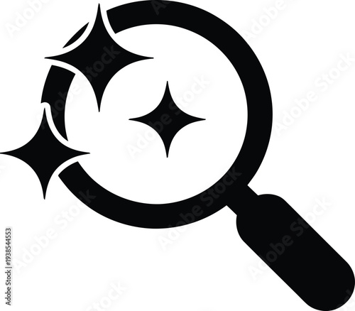 Black silhouette of a magnifying glass with sparkles and shine symbolizing inspection and investigation in a simple graphic design.