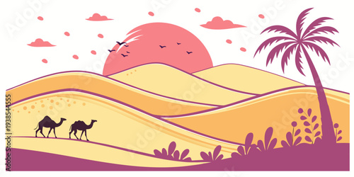 A desert scene with two camels and a palm tree Vector