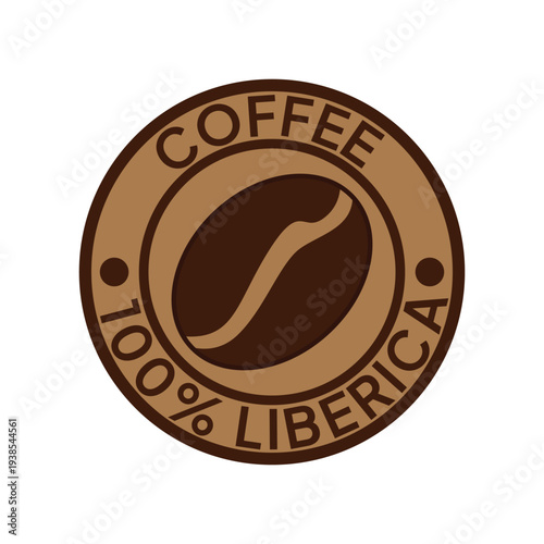 Coffee logo. Coffee, 100% Liberica emblem. Brown coffee beans with letters in a circle round badge.
