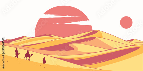 A desert landscape with a camel and people walking across sand dunes Vector