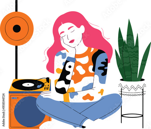 Minimal hand-drawn retro woman enjoying music on vintage vinyl record player turntable listening to classic analog sound design