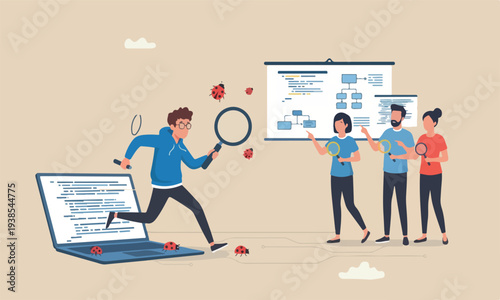 Programmin concept or meeting teams together software tester running from computer laptop using debugging tools to catch ladybugs