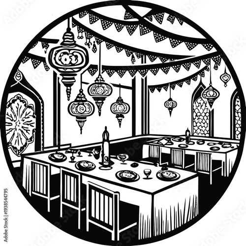 Vector illustration of a decorated dining room with lanterns and table setting